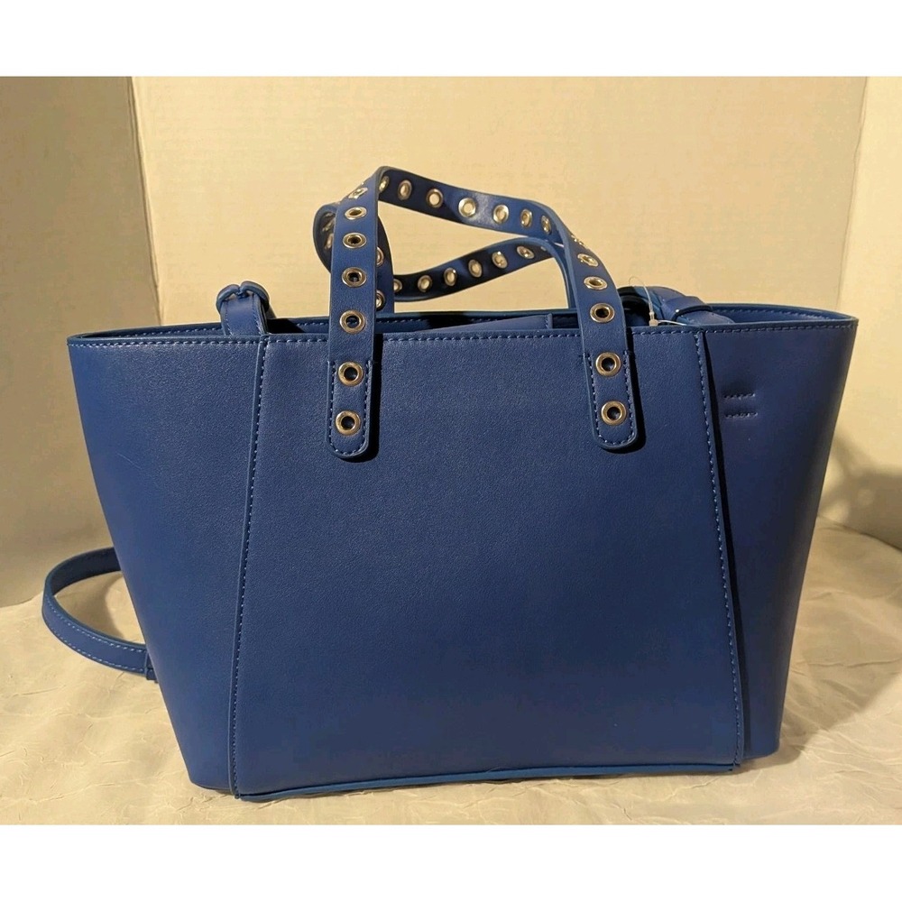 French Connection Purse Blue Faux Leather Bag Tote Grommets Double Handle - Picture 3 of 16